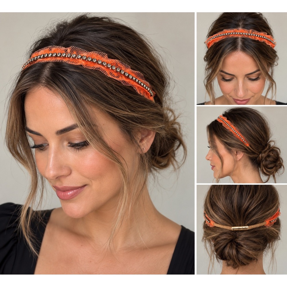 Jennifer Behr Vintage Y2K Crystal Headwrap Orange Tulle Rhinestone Elastic